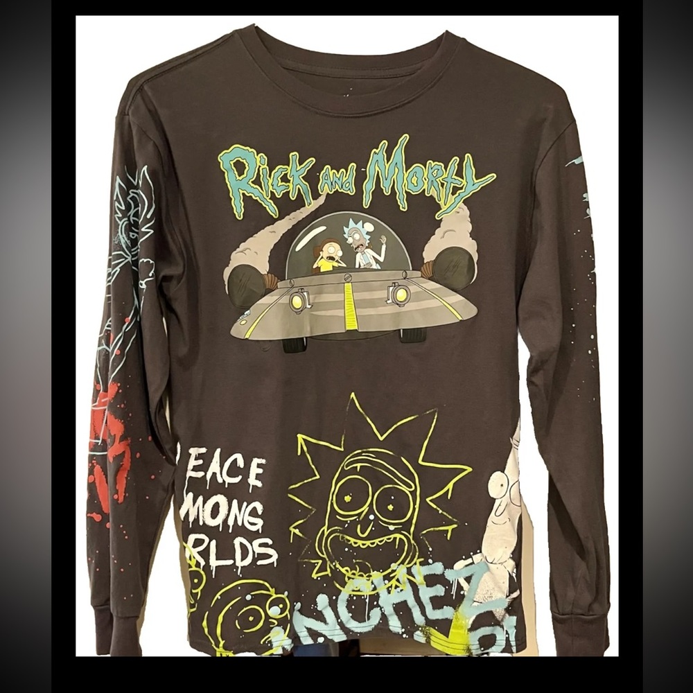 RICK AND MORTY Gray Long Sleeve Shirt TV Cartoon Peace Among Worlds Mens Size: S